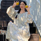 Shuo Gu Jin (SHUO GU JIN) new sweet long-sleeved nightgown for women, cute pajamas for women, spring and autumn, home clothes dress with chest pad ins style AM-13063 [with chest pad] (80-100Jin [Jin equals 0.5 kg]) M