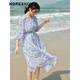 
Red sleeves Outlet summer new women's printed waist-hugging V-neck pullover chiffon dress with white background blue flower 674 L