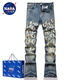 
NASALIKE letter embroidered tiger jeans men's fashion AM trendy brand slim-fit new style ripped high street handsome little feet black embroidered patch jeans blue 719 L