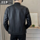 JEEP SPIRIT trend spring and autumn new leather jacket for men casual short stand collar baseball uniform handsome motorcycle leather jacket jacket black P719 XL