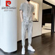 
Piercadan short-sleeved T-shirt men's ice silk casual suit trendy 2025 spring and summer new sports matching two-piece set black 719 nine-point pants set 4XL recommended 170-190Jin [Jin equals 0.5 kg]