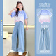 
NICKYBABY girls summer suit 2025 new fashionable children's short-sleeved wide-leg pants summer fashionable big children's casual two-piece set 15013 blue + 9922 white 160