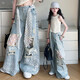 Korean version of lace ripped jeans summer girls suit medium-sized children hollow vest suit 2025 new pants [pants] lace ripped jeans 150 cm