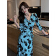 Sifer vacation style long skirt seaside vacation one-piece dress blue print retro wrap skirt slit lace 3291 purple S
