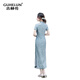 GUHELUN new Chinese style mulberry silk cheongsam slim long 2025 summer new national style elegant young mother style cheongsam dress blue 3XL