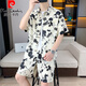 皮尔卡丹（pierre cardin）夏季冰丝短袖衬衫套装男休闲痞帅碎花半袖衬衣搭配沙滩短裤两件套 679米白套装 M 90-110斤