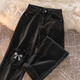 Her style black love bow jeans for women spring and autumn new high waist design straight wide leg long pants trendy ins black pants XS