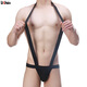 Sexy thong men's one-piece double thong pure cotton high elastic suspenders back empty butt lift solid color underwear for gay men black F