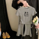 
Disney Nezha Girls Summer Short Sleeve T-shirt Set Fashionable Small and Medium Children's Ice Silk Girl Casual Children's Two-Piece Set Round Collar Drawstring Set-Gray-Nezha G686 110