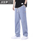
JEEP SPIRIT Tennis Jeans Men's Spring and Summer Thin Straight Loose Wide Legs Ground-Sports Ice Silk Casual Long Pants 1048 Blue L (Size 30-31)