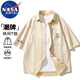 NASA MARVEL短袖衬衫男夏季衬衣外套翻领麂皮绒宽松潮牌休闲上衣 黑色 L