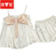 Yalu sweet suspender ice silk pajamas for women in summer 2025 new Korean style bow sexy suit home clothing FS_9214# cardigan double short lace pocket XL
