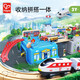 HAPE Train Track Toys Structure de piste en bois Blocons de construction de 3 à 6 ans Cadeaux de la journée pour enfants Set de stockage du centre de transport [avec tête de véhicule électrique]