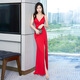 Yuliang evening dress, small sexy nightclub suspender, deep V low-cut long skirt with temperament, backless high slit, mopping the floor red XL