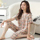 Modal woven cotton pajamas for women in summer thin short-sleeved cropped pants gauze summer home clothing suit cardigan S2--5012 yellow (cropped pants) L (recommended 100-120 Jin [Jin equals 0.5 kg])
