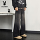 Playboy (PLAYBOY) Lightning Pattern Washed Jeans Men's Summer New Retro Loose Straight Wide Leg Pants Trendy Brand High Street American Pants 1049 Black Gradient M