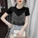 DWRW Chic Short Top pour les femmes en été 2025 Nouveau Iron Diamond Temperament noir Tempilement mince Niche T-shirt à manches courtes 1098 Black M 80-100