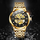 Olis Hollow Fashion Luminous wasserdichte Wachmarke Echt automatisch mechanische Uhr Vatertagsgeschenk für meinen Mann Steel Belt Full Schwarz
