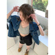Yu Jin Hong Kong style denim short-sleeved shirt jacket for women 2025 summer new dark blue design loose mid-length top Blue #9435 S