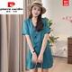 皮尔卡丹（pierre cardin）棉麻套装女夏季2025新款欧货休闲时尚时髦洋气宽松短袖短裤两件套 芥末绿 3XL 【建议140-160斤】