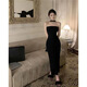 Plain brocade halter neck sling dress for women pure desire style design dress long skirt spring and summer waist-hugging slim princess skirt halter neck bow slim slit skirt [M]