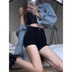 Yuyaman denim shorts women's outer wear summer shorts black high-waisted hot pants A-line shorts exposed buttocks tight hot girl sexy denim shorts M black
