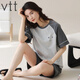 
VTT pure cotton pajamas for women in summer pure cotton shorts shorts summer new style young ladies home clothing suit V short sleeve suit: YZT9856 M