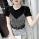 DWRW Chic Short Top pour les femmes en été 2025 Nouveau Iron Diamond Temperament noir Tempilement mince Niche T-shirt à manches courtes 1098 Black M 80-100