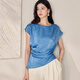 Roeyshouse Lace High Blue Satin Shirt Frauen 2025 Sommer neuer Stil Chic Falten Taille Slim Bodysuit 12043 Blau 2xl