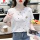 皮尔卡丹（pierre cardin）纯棉印花t恤女短袖夏装2025新款宽松印花设计感百搭体恤上衣潮 1396#白色 S 适合80-99斤