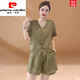 皮尔卡丹（pierre cardin）棉麻套装女夏季2025新款欧货休闲时尚时髦洋气宽松短袖短裤两件套 芥末绿 3XL 【建议140-160斤】