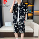 皮尔卡丹（pierre cardin）夏季冰丝短袖衬衫套装男休闲痞帅碎花半袖衬衣搭配沙滩短裤两件套 679米白套装 M 90-110斤