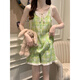 Mengluan Plaid Little Flower Pyjamas pour les femmes en été mince de poitrine avec poitrine sexy mignon short à suspension 2025 Vêtements à la maison T1381 Polka Doll Puppy Belt amovable poitrine PAD 2XL
