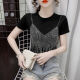 DWRW Chic Short Top pour les femmes en été 2025 Nouveau Iron Diamond Temperament noir Tempilement mince Niche T-shirt à manches courtes 1098 Black M 80-100