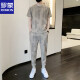 罗蒙（ROMON）套装男夏季冰丝短袖t恤男士潮流修身帅气九分长裤休闲运动两件套 白色719 M 建议85-105斤