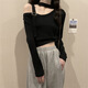 Rongxitu (Rongxitu) Design-Sensing Korean Style One-Shoulder Top 2025 kurz gestrickter Pullover Guangzhou Dreizehn Linien 11303 Schwarz One Size (70-125jin [Jin entspricht 0,5 kg] kann getragen werden)