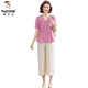 啄木鸟母亲节妈妈夏装短袖棉麻套装2025新款中年老年女装洋气休闲两件套 9435黄色+米色阔腿裤 L 【建议90-105斤】