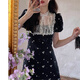 Yunli [3891 colecciones] Gran tamaño MM de encaje MM empalmado Vestido floral negro francés para mujeres Xia Hepburn Black L Recomendado [100-120Jin [Jin equivale a 0.5 kg]]]