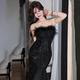 He Yangyu tube top evening dress for women black fur sequined fishtail gauze skirt heavy industry host banquet wedding art exam birthday black M