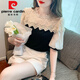 皮尔卡丹（pierre cardin）夏季甜美荷叶重工钉珠蕾丝拼接泡泡气质百搭短袖上衣甜美上衣女 841今年流行的轻奢品牌 L 建议85-100斤