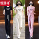 恒源祥大码休闲运动服套装女2025年夏季新款洋气减龄短袖直筒长裤两件套 844粉色 3XL 建议135-150斤