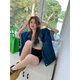 Yu Jin Hong Kong style denim short-sleeved shirt jacket for women 2025 summer new dark blue design loose mid-length top Blue #9435 S