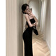 Plain brocade halter neck sling dress for women pure desire style design dress long skirt spring and summer waist-hugging slim princess skirt halter neck bow slim slit skirt [M]
