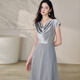 Roeyshouse Vestido azul claro de color gris claro 2025 Summer Nuevo elegante cuello balbuceante falda de dobladillo grande 12102 azul gris claro s