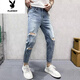 Playboy Design Jeans rasgados de jeans Los delgados pies de verano tendencia de moda de verano elástica guapo scrambulado pantalones mendigos casuales k897 jeans azul claro 31 (135jin [Jin equivale a unos 0.5 kg])