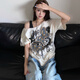 Miaoyijia short-sleeved women's new 2025 slim white trendy loose T-shirt base shirt spring and summer half-sleeved pure top American butterfly printed ripped short-sleeved T-shirt one size [recommended 80-145Jin [Jin equals 0.5 kg]]