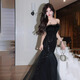 He Yangyu tube top evening dress for women black fur sequined fishtail gauze skirt heavy industry host banquet wedding art exam birthday black M