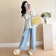 
Geman maternity suit autumn 2025 fashionable fashionable and sweet long-sleeved floral maternity shirt two-piece set spring and autumn floral top + blue wide-leg pants XXL