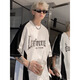 POUM Camiseta de manga corta para hombres Poum Camiseta de manga corta Impresión de letras de verano para hombres American High Street Bloqueo de color Hands Blaking Color de manga corta YHSFG-D5012 Black XL