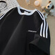 7 high-quality three-bar splicing short-sleeved boys summer trendy brand heavy small neckline half-sleeved tops wear large size clothes T-shirt LJWP-T92 black XL [125-145Jin [Jin equals 0.5 kg]]